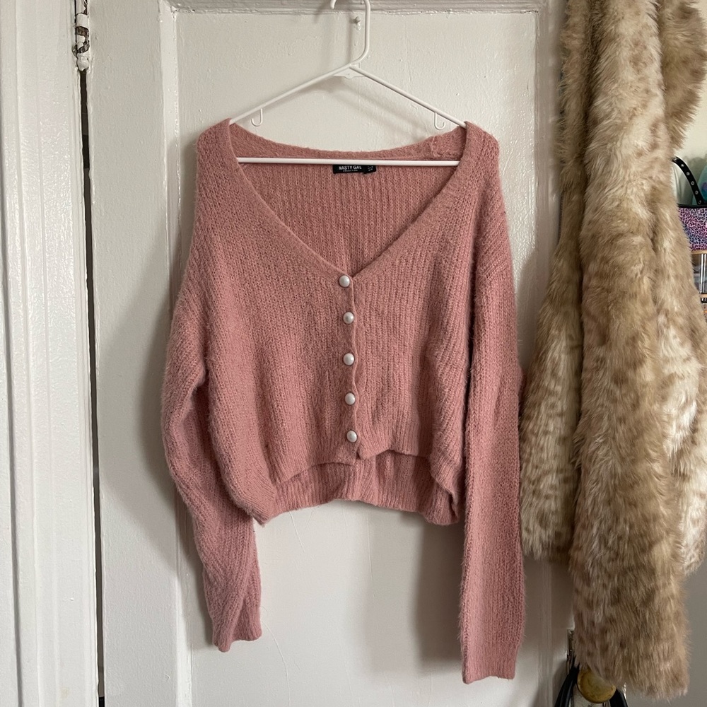 Pink Cardigan with Faux Pearl Buttons